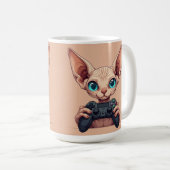 Sphynx-Katze hält Spielcontroller Kaffeetasse (VorderseiteRechts)