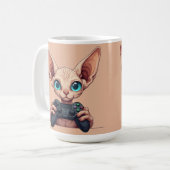 Sphynx-Katze hält Spielcontroller Kaffeetasse (Vorderseite Links)