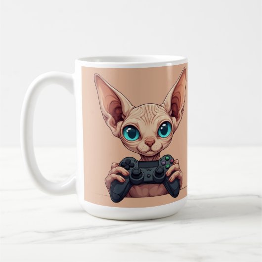 Sphynx-Katze hält Spielcontroller Kaffeetasse (Links)