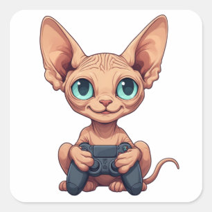 Sphynx-Katze hält Spielcontroller Quadratischer Aufkleber