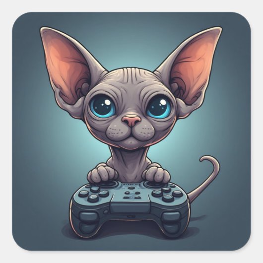 Sphynx-Katze hält Spielcontroller Quadratischer Aufkleber (Vorderseite)