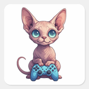 Sphynx-Katze hält Spielcontroller Quadratischer Aufkleber