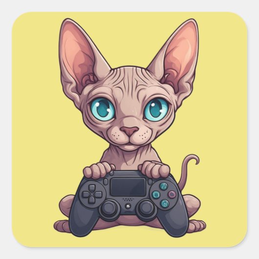 Sphynx-Katze hält Spielcontroller Quadratischer Aufkleber (Vorderseite)
