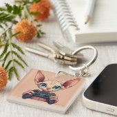 Sphynx-Katze hält Spielcontroller Schlüsselanhänger (Vorderseite rechts)