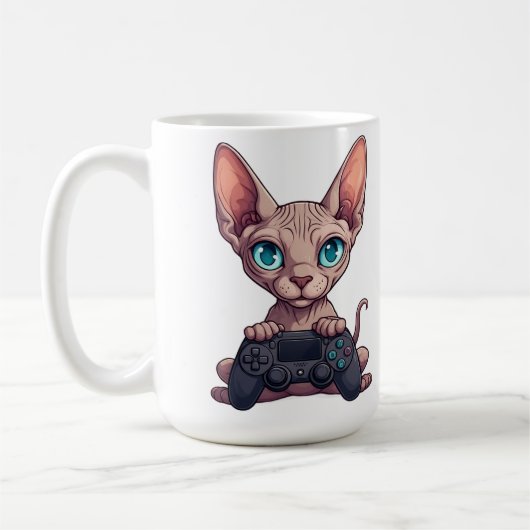 Sphynx-Katze hält Spielecontroller Kaffeetasse (Links)
