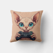 Sphynx-Katze hält Spielecontroller Kissen (Rückseite)