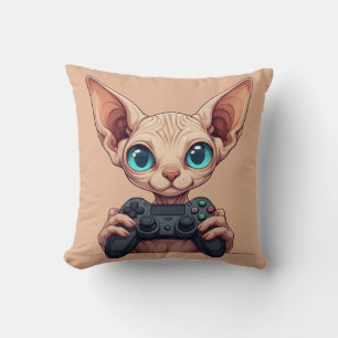 Sphynx-Katze hält Spielecontroller Kissen