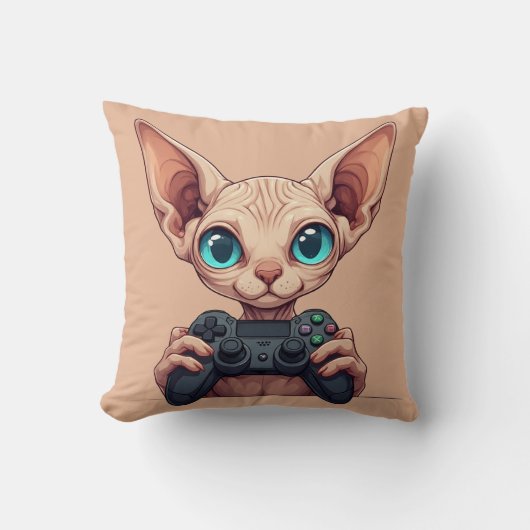 Sphynx-Katze hält Spielecontroller Kissen (Vorderseite)