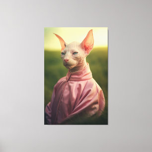 Sphynx-Katze im Outfit – Lebendige Naturszene Leinwanddruck