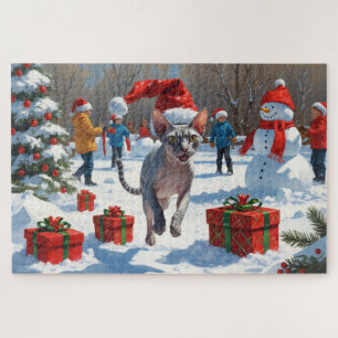 Sphynx-Katze läuft im Schnee mit Weihnachtsmütze Puzzle