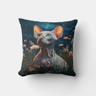 Sphynx-Katze & lebendige Blumen – Whimsical Art Kissen