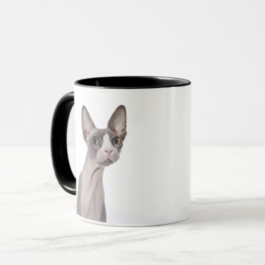 Sphynx Katze mit überraschtem Ausdruck Tasse (Vorderseite Links)
