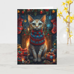 Sphynx Katze mit Weihnachtsgeschenken Feuerplatz Karte