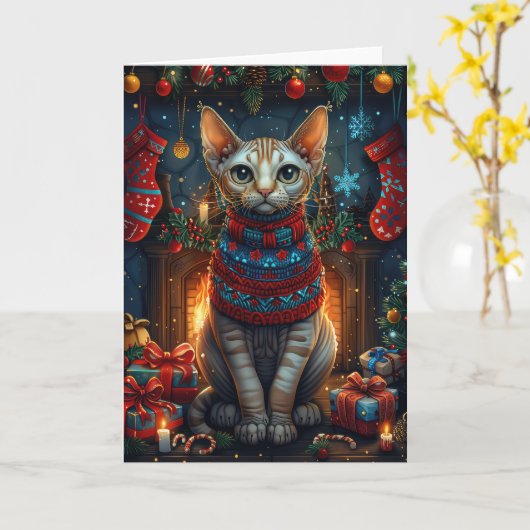 Sphynx Katze mit Weihnachtsgeschenken Feuerplatz Karte (Gelbe Blume)