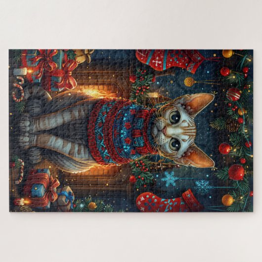 Sphynx Katze mit Weihnachtsgeschenken Feuerplatz Puzzle (Horizontal)