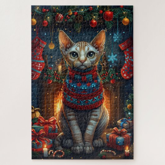 Sphynx Katze mit Weihnachtsgeschenken Feuerplatz Puzzle (Vertikal)