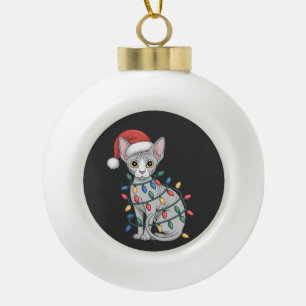 Sphynx-Katze mit Weihnachtsmannmütze und in Weihna Keramik Kugel-Ornament