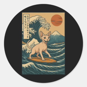 Sphynx-Katze surft auf japanischer Welle Große Wel Runder Aufkleber