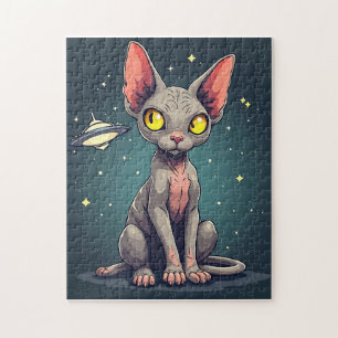 Sphynx-Katze-UFO-Weltraum-Cartoon-Kunst beurteilen Puzzle