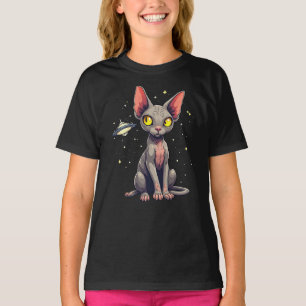 Sphynx-Katze-UFO-Weltraum-Cartoon-Kunst beurteilen T-Shirt