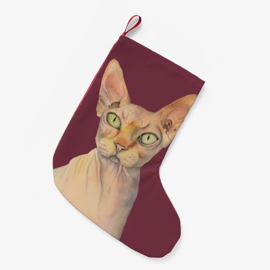 Sphynx Katzen-Aquarell-Porträt Kleiner Weihnachtsstrumpf (Vorderansicht (hängend))