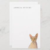 Sphynx Katzen-Aquarell-Porträt mit Namen Briefpapier (Vorne/Hinten)