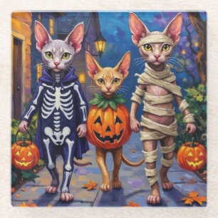 Sphynx-Katzen beim Süßigkeitenbetteln in Halloween Glasuntersetzer