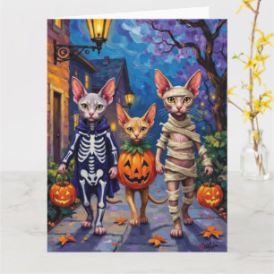 Sphynx-Katzen beim Trick-or-Treat in Halloween-Kos Karte