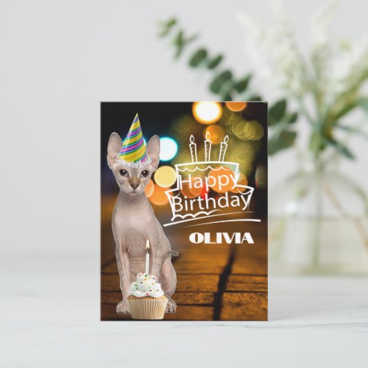 Sphynx Kitty Birthday Hat Postkarte (Stehend Vorderseite)