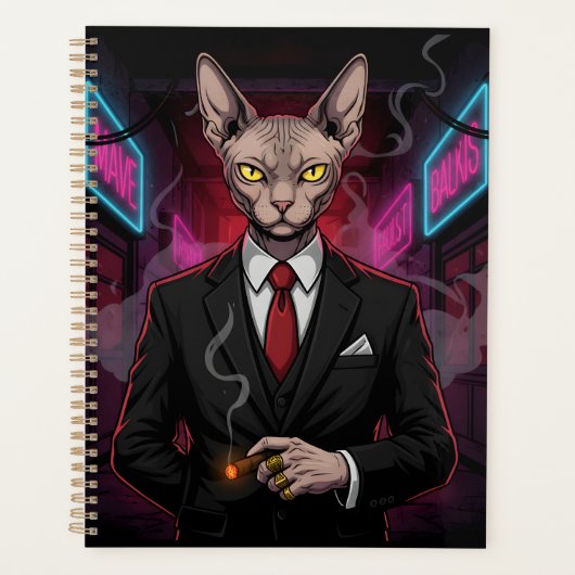 Sphynx Mafia Cat in Neon Noir Style Planer (Vorderseite)