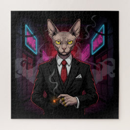 Sphynx Mafia Cat in Neon Noir Style Puzzle