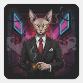 Sphynx Mafia Cat in Neon Noir Style Quadratischer Aufkleber