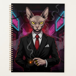 Sphynx-Mafia-Katze im Neon-Noir-Stil Planer
