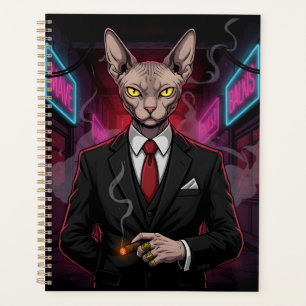 Sphynx-Mafia-Katze im Neon-Noir-Stil Planer