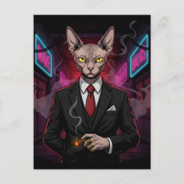 Sphynx-Mafia-Katze im Neon-Noir-Stil Postkarte
