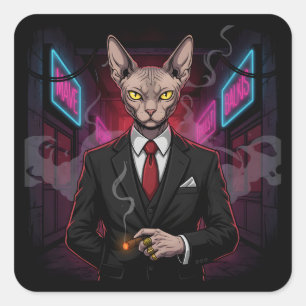 Sphynx-Mafia-Katze im Neon-Noir-Stil Quadratischer Aufkleber