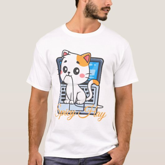 Spicy Hay Funny Cat Biting Cord Kawaii Art T-Shirt (Vorderseite)