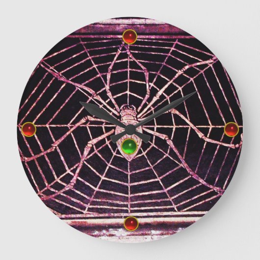 SPIDER AND WEB Red Ruby ,Green Emerald Gems Black Große Wanduhr (Vorderseite)
