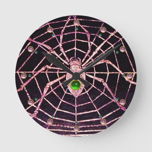 SPIDER AND WEB Red Ruby ,Green Emerald Gems Black Runde Wanduhr (Vorderseite)