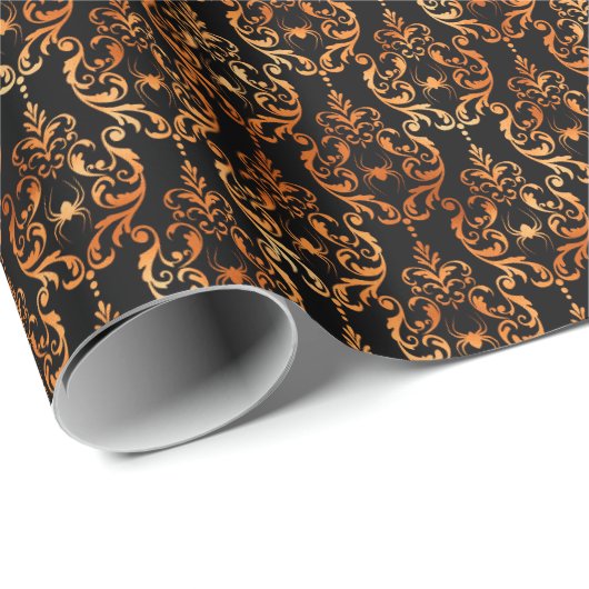 Spider Damask Kupfer Schwarzes Halloween Muster Geschenkpapier (Rolleneckpunkt)