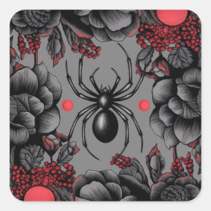 Spider Floral Design Gotischer Stil Quadratischer Aufkleber