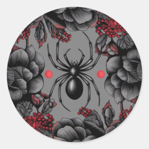 Spider Floral Design Gotischer Stil Runder Aufkleber