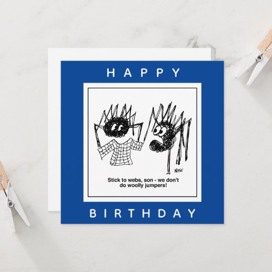 Spider sagt "Stick to Webs" Cartoon. Web-Designer Karte (Vorderseite/Rückseite Beispiel)