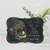 Spider Skull & Rose Gothic Wedding Einladung (Stehend Vorderseite)