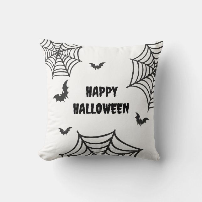 Spider Web Bat Black and White Happy Halloween Kissen (Vorderseite)