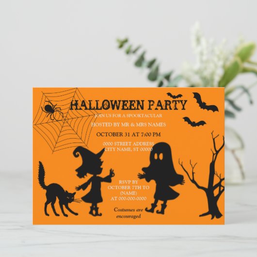 Spider Web Black Cat Halloween Einladung (Stehend Vorderseite)