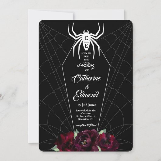 Spider Web Coffin Schwarz-weiß Hallowedding Einladung (Vorderseite)