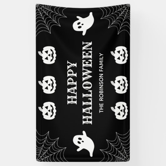 Spider Web Custom Black & White Happy Halloween Banner (Vertikal)
