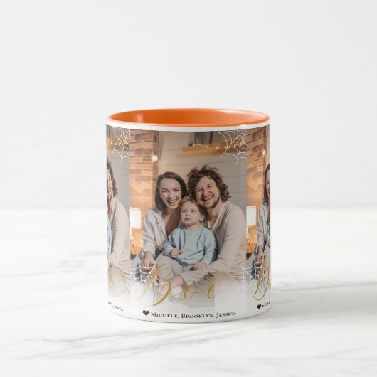 Spider web Hand Lettered Boo Halloween Foto Tasse (Zentrum)