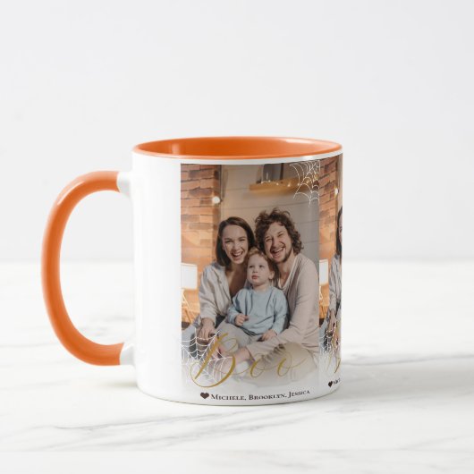 Spider web Hand Lettered Boo Halloween Foto Tasse (Links)